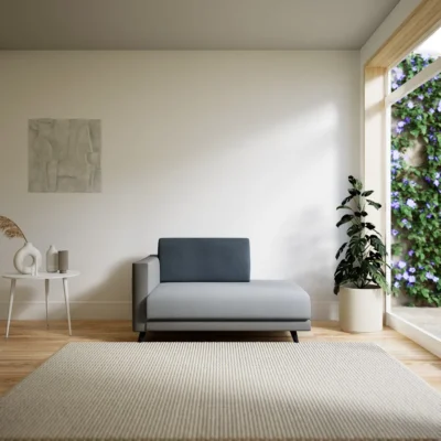 Fauteuil TYME en textile tissé, couleur gris taupe.
