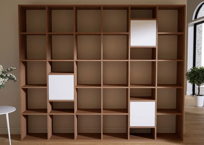 Bibliothèque GRYD, effet chêne et blanc. Couleurs et dimensions personnalisables.