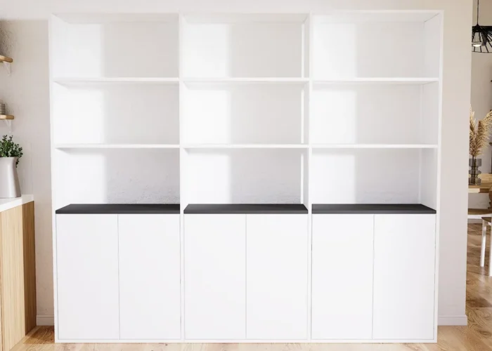 Bibliothèque GRYD en mélaminé blanc. Couleurs et dimensions personnalisables.