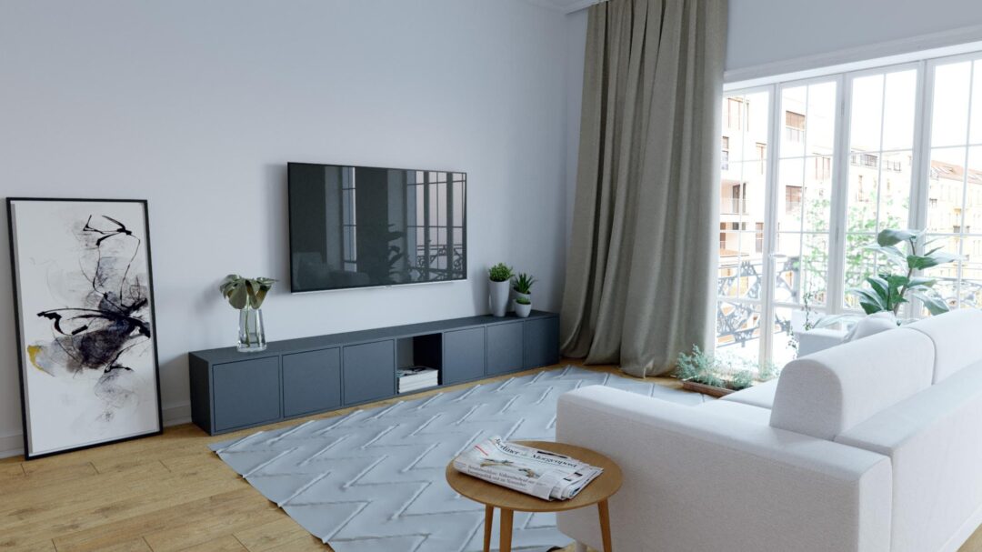 Un coin TV aménagé avec un meuble bas tout en longueur.